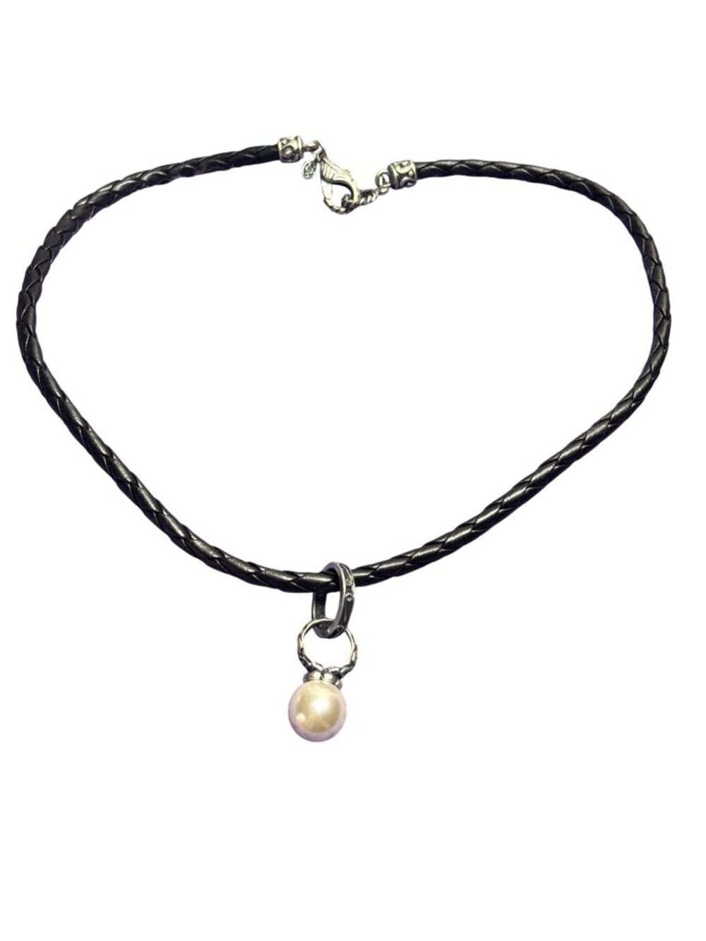 Vtg Premier Designs Braided Black Faux Leather Cord Necklace Faux Pearl Pendant